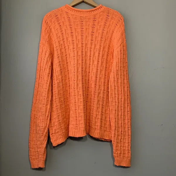 Vintage 80s Cotton Sweater Size Large Orange Roll Neck Hem Fisherman Dopamine - Image 6