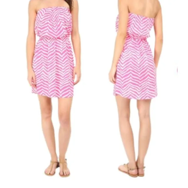 Lilly Pulitzer Strapless Dress Womens Medium Pink Chevron Ikat 82490‎ Mini Beach - Image 2