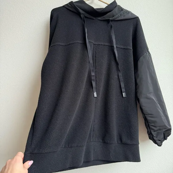 Alo Yoga Black Mixed Media Nylon Oversized Relaxed Hoodie Size Small Gym Travel - Image 3