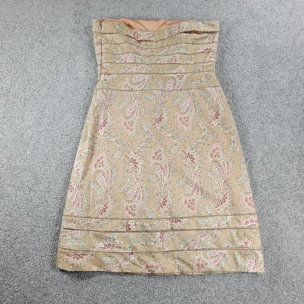 Kay Unger Womens Dress 8 Tan Satin Eyelet Strapless Paisley Print Side Zip Mini - Image 2