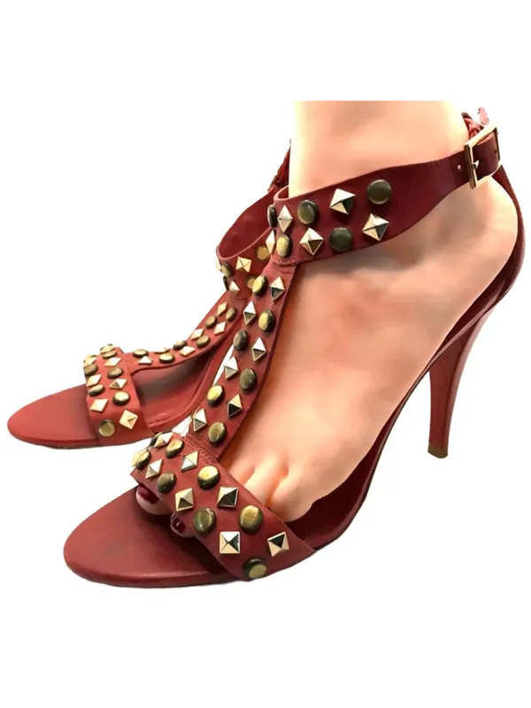 Pour La Victoire Red Leather With Gold Metal Studs T Strap Heels (8.5) - Image 3