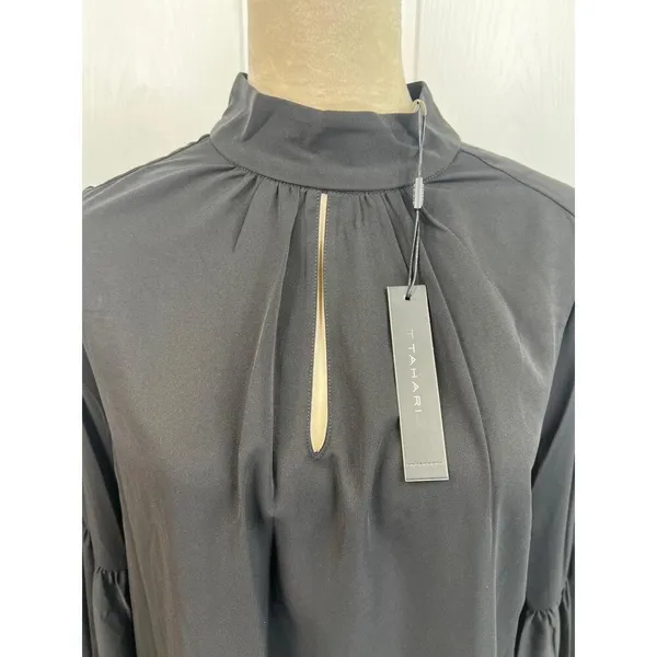T Tahari Blouse Womens Size S Black Mock Neck Keyhole Large Bell Sleeve Chic - Image 8