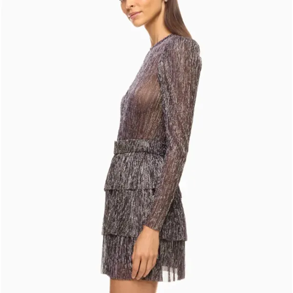Sabina Musayev Purple Tiered Ruffle Mini Dress XS Plisse Metallic Cocktail $285 - Image 3