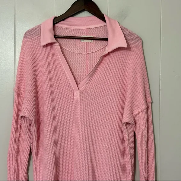 Free People We The Free Travis Waffle Knit Thermal Top Pink XS Oversized - Image 2