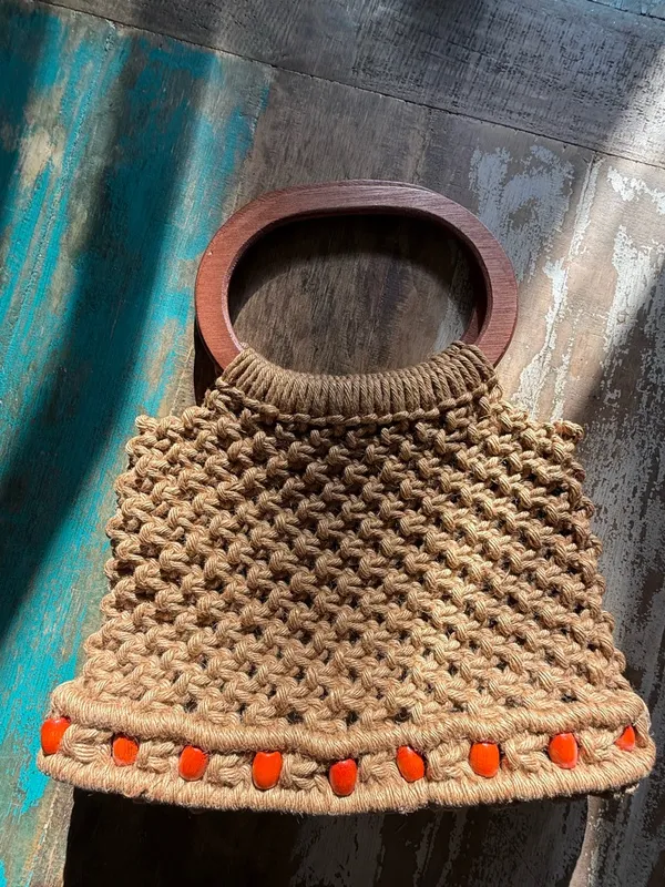 Handwoven Macramé Bag with Wooden Handles in Tan and Orange - Image 3