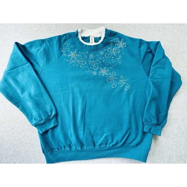 Decorated Originals Womens Blue Rhinestone Snowflake Holiday Sweatshirt Large‎ - Image 4