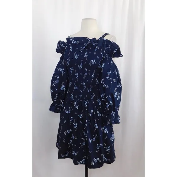 Revolve REBECCA‎ TAYLOR Francine Off Shoulder Dress Floral Smocked Navy Blue 0 - Image 5