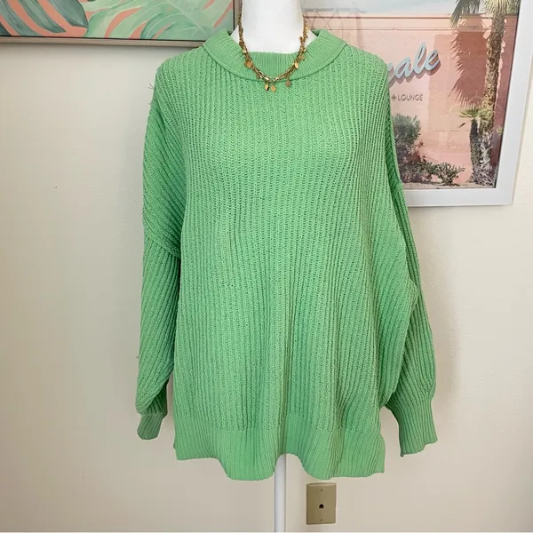 Aerie Beyond Chenille Sweater Fresh Green Ribbed Women's Crewneck Knit Sweater - Image 3