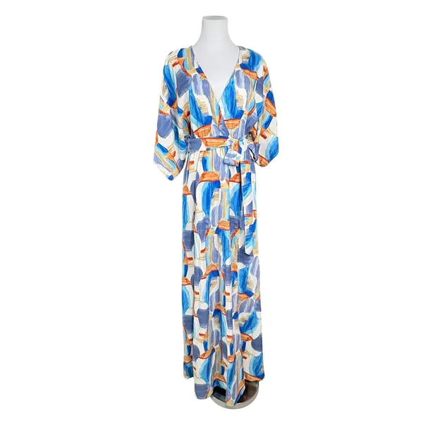 Baltic Born Morgan Kimono Maxi Dress XL Blue White Floral Abstract Peasant - Image 2