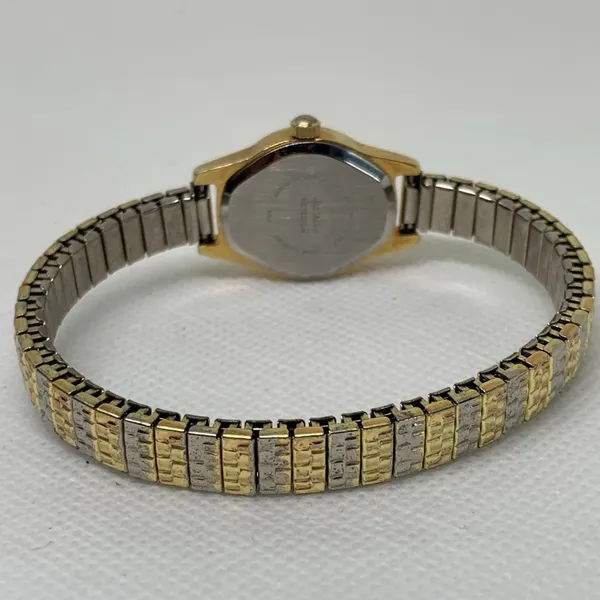 Women gold silver tone watch 20mm round case quartz analog stretch 6.5” running - Image 4