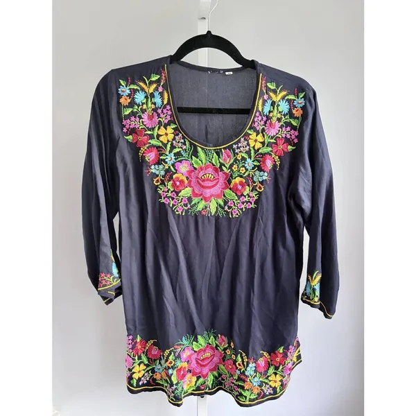 Boho Embroidered Floral Tunic Dress Navy Rose Mexican Style Sz M - Image 2
