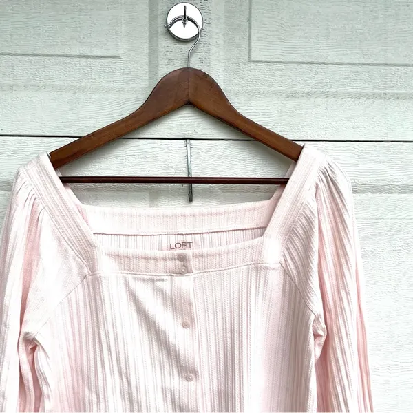 Loft Womens Shirt Pastel Pink Ribbed Square Neck Milkmaid Button Up Size Medium - Image 4