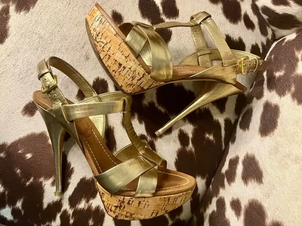Miu Miu Metallic Gold Leather Cork Platform Heels - Image 7