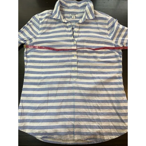 Old Navy Top Womens Medium Blue Striped Oxford‎ Popover Tunic Coastal Preppy - Image 9
