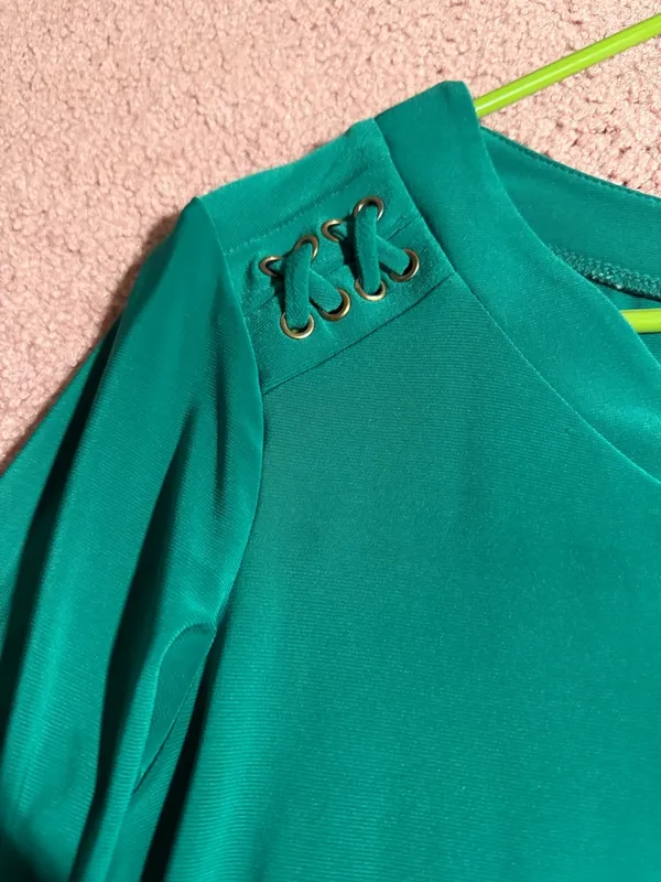 Women's Green Zip-Neck Blouse with Grommet Shoulder Detail - Image 3