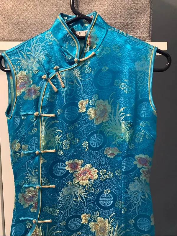 Yuexuan Qipao Dress Shanghai Style Blue Gold Floral Satin Mandarin Collar Y2K - Image 2