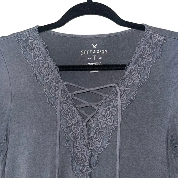 Soft & Sexy Dark Gray Crochet Lace-up Tee - Image 2