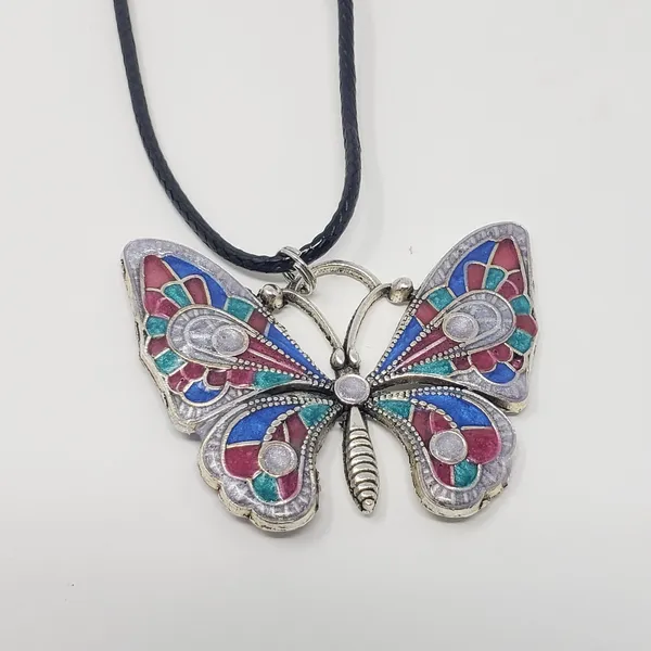Butterfly Pendant w/ Pink, Blue, Teal Green & Silvery White Resin Necklace - Image 4