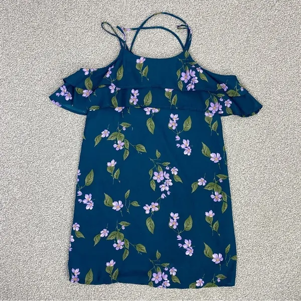 Mi Ami Francesca’s Floral‎ Cold Shoulder Tiered Ruffle Shift Dress Teal XS - Image 12
