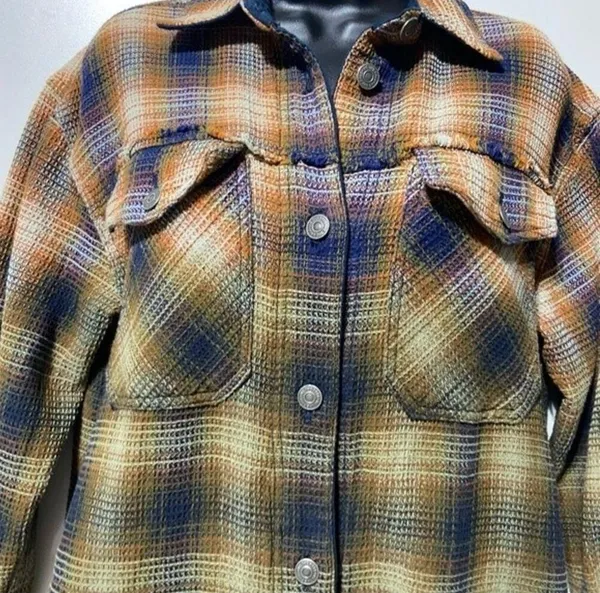Free People Anneli Plaid Shirt Jacket Shacket Size Small Navy Tobacco - Image 7