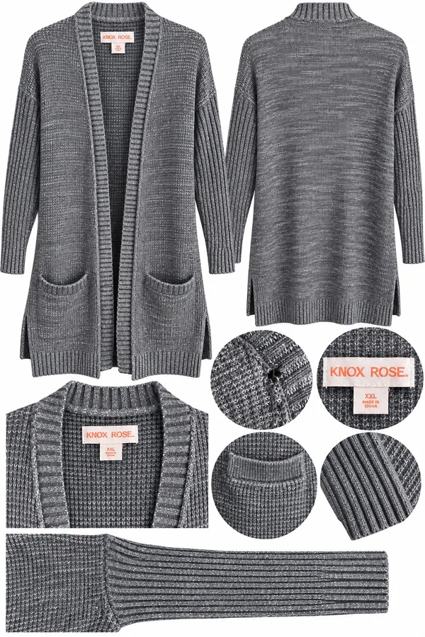 Knox Rose Women’s XXL Gray Open Front Long Cardigan Sweater Duster Pockets - Image 2