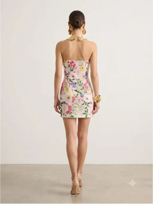 Floral Embroidered Lace Mini Dress Size S Strapless Colorful Mesh Overlay Weddin - Image 3