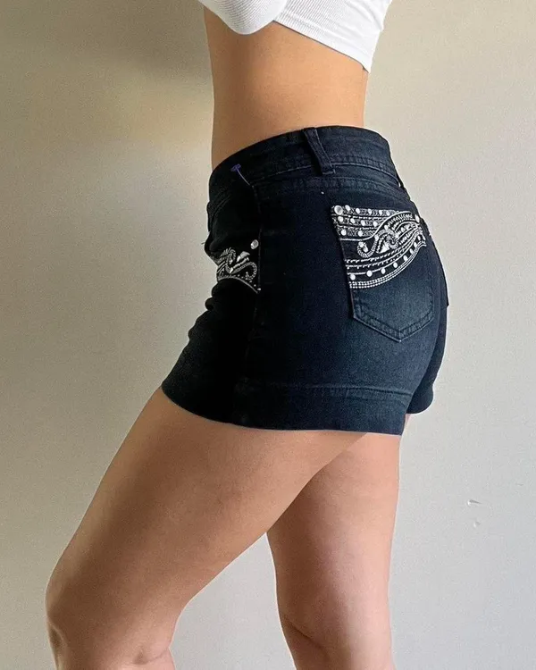 Blue Denim Embellished Shorts Size 9 - Image 3