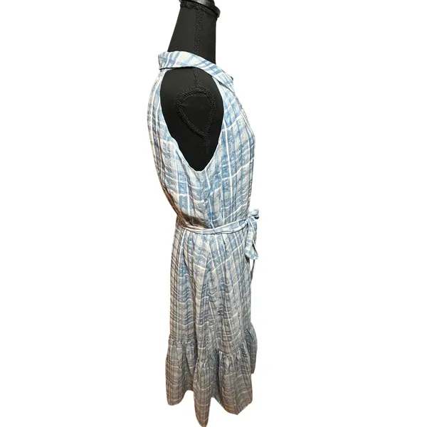 Anthropologie Blue White Plaid Button Front Tiered Midi Dress Sz S Halter Neck - Image 3