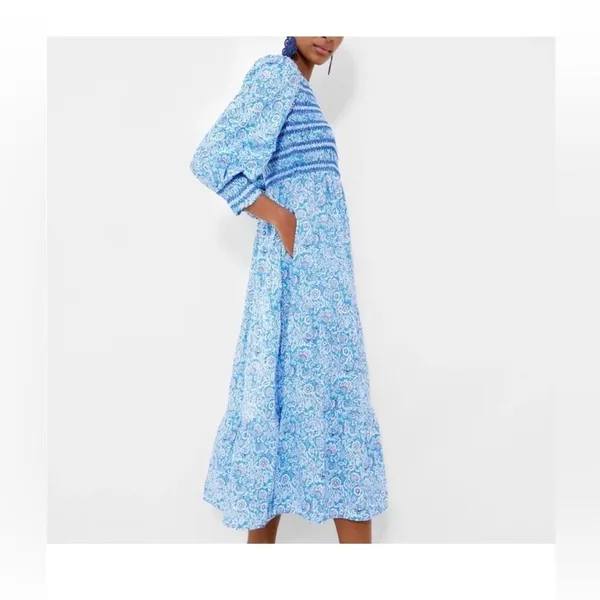 NWT Pink City Prints Isabel Dress XS Ornate Sky Blue Cotton Smocked Midi - Image 3