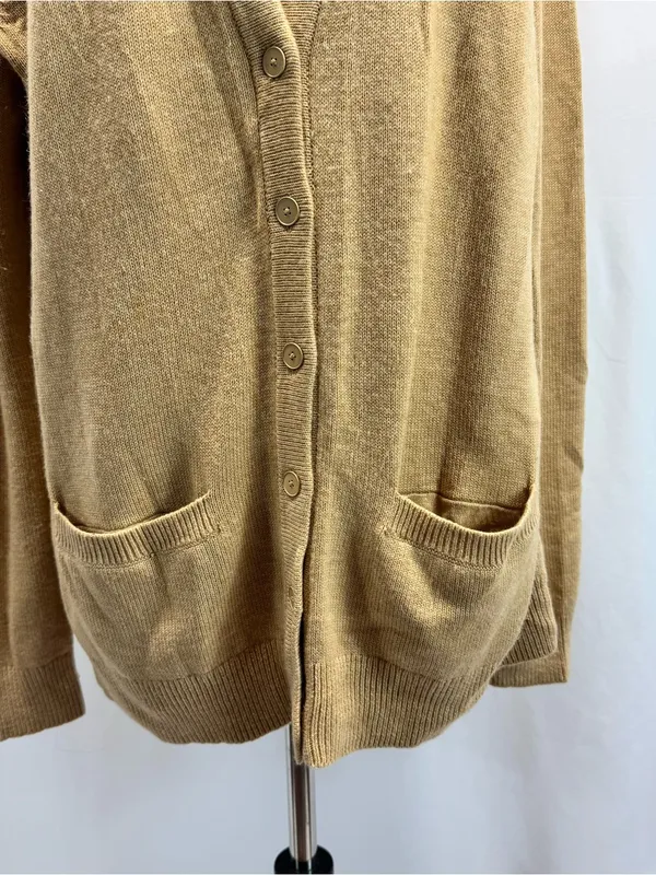 GAP V-Neck Button Cardigan Camel Tan Elbow Patches Wool Blend Grandpa Academia - Image 5