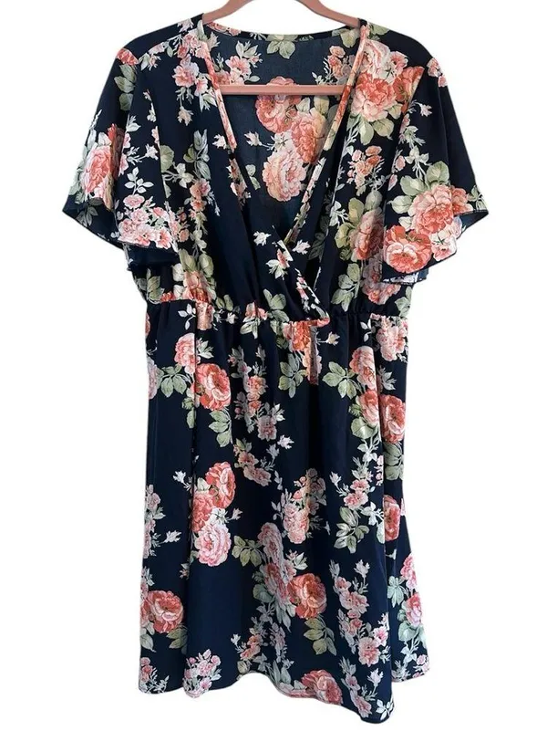 New Floral V-Neck Midi Dress Size 1X (14) Faux Wrap Neckline Flutter Sleeves - Image 2