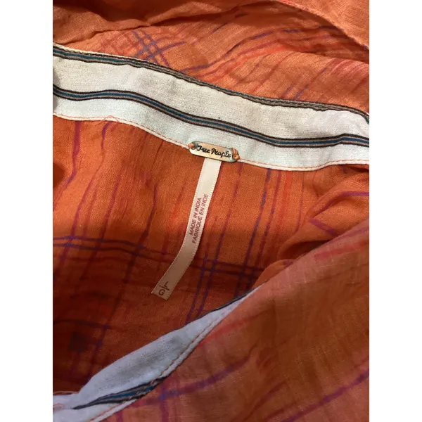 Free People Womens Orange Plaid Button Down Cotton Gauze Shirt Size Large L 1245 - Image 5