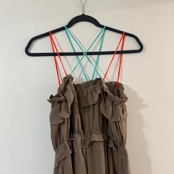 Hayden Taupe Maxi Dress with Ruffle Neckline and Crisscross Straps - Image 6