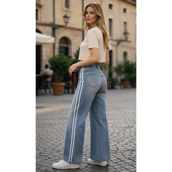 Halara Flex High Waisted Stripe Wide Leg Jeans Light Blue Wash L Regular - Image 3