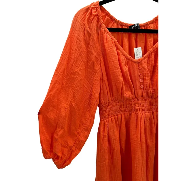 NWT J. Crew Orange Gauze Smocked Waist Midi Maxi Balloon Sleeve‎ Cotton Dress XS - Image 6
