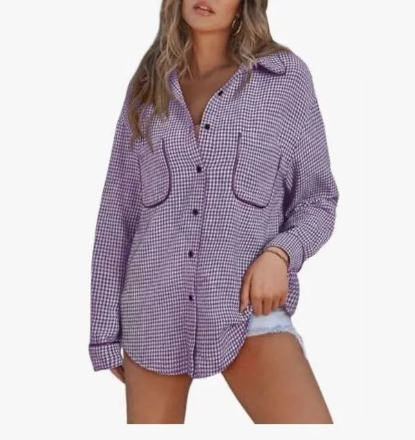NEW Houndstooth Shacket Jacket Long Sleeve Button Down Shirt XL Purple - Image 4