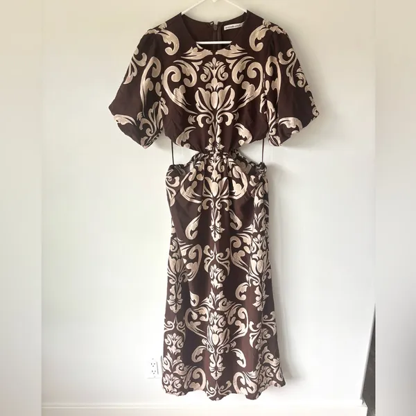 Abercrombie & Fitch Short Puff Sleeve Cutout Maxi Dress Brown Tan Floral Pattern - Image 5