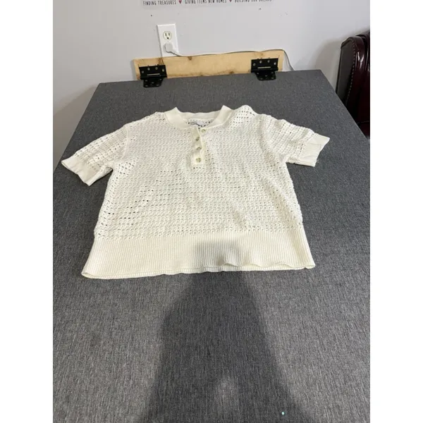 Sonoma Goods For Life White Open-Knit Collared Short Sleeve Pullover Sweater M - Image 2