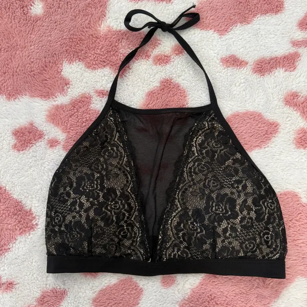 Black Padded Lace Halter Bralette – Sheer Mesh Plunge Top | Size S | Sexy Chic Essential - Image 3
