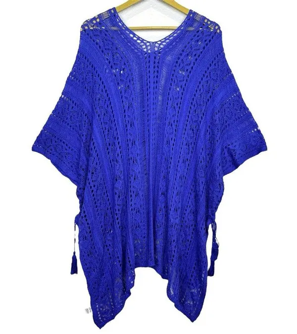 ZYIA Active Crochet Open Knit Knitted Cover Up Poncho Size XL Blue Beach Boho - Image 2