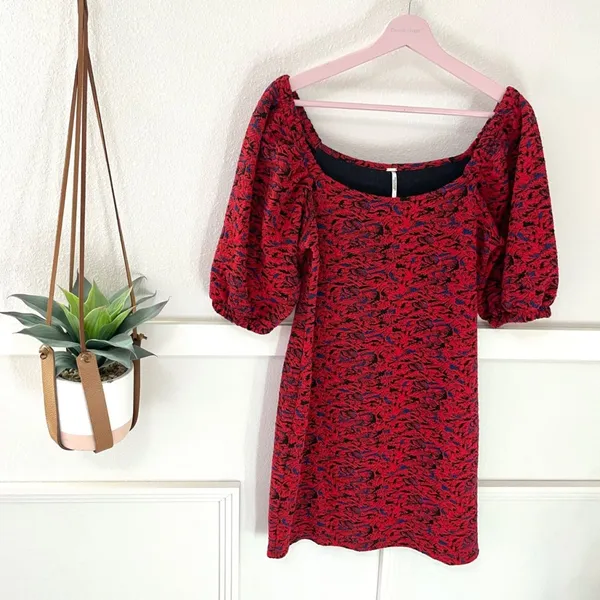 Free People Sunset Mini Dress Red Floral Puff Sleeve Size M OB1037978 - Image 2