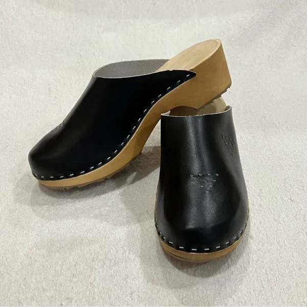 Marcus Black Leather Wooden Swedish Clogs Size 36 - Image 11