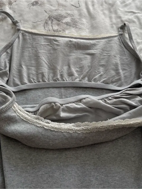Aerie Lace-Trim Gray ribbed Camisole Slip tank dress, size XL cotton casual - Image 13