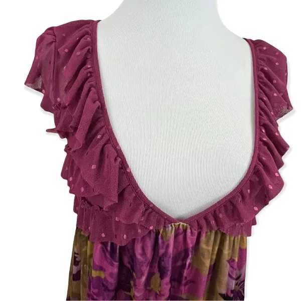 Free People Floral Velvet and Mesh Ruffle Mini Dress Small - Image 4