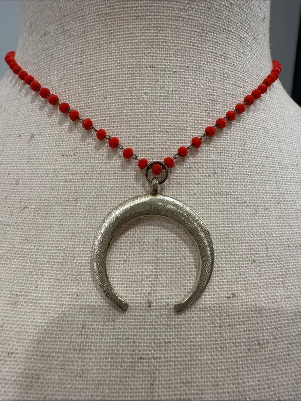 Red Beaded Necklace with Gold Crescent Pendant - Image 2