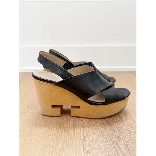 Tory Burch Black T Criss-Cross Wood Wedge Platform Boho Chunky US 6.5 - Image 3