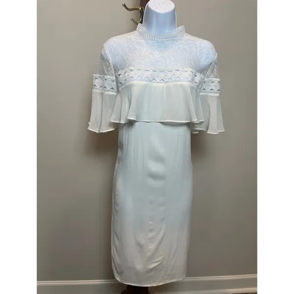 Express Dress Cream Lace Mock Neck Ruffle Feminine Size L - Image 2