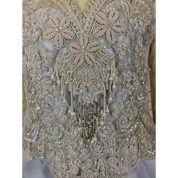 1990s Vintage Ice Blue Beaded Formal Gown Sheer Lace Bodice Custom S-M - Image 10