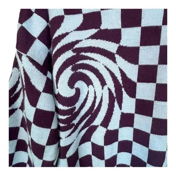 I‎ Saw It First Checkerboard Swirl Sweater Womens Medium Purple Blue Oversized - Image 2