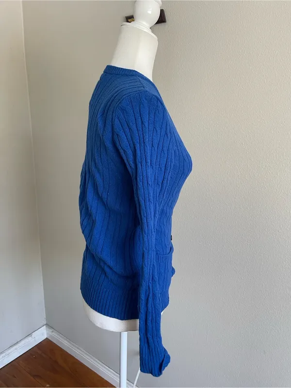 Abercrombie & Fitch Royal Blue Cable-Knit V-Neck Cardigan with Green Logo - Image 4